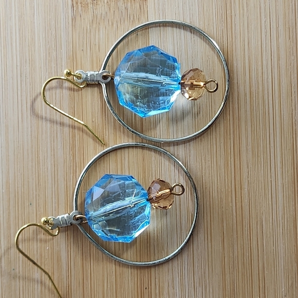 Hand Crafted Earrings Pierced Crystal Beads Turquoise Amber Goldtone - Picture 3 of 5